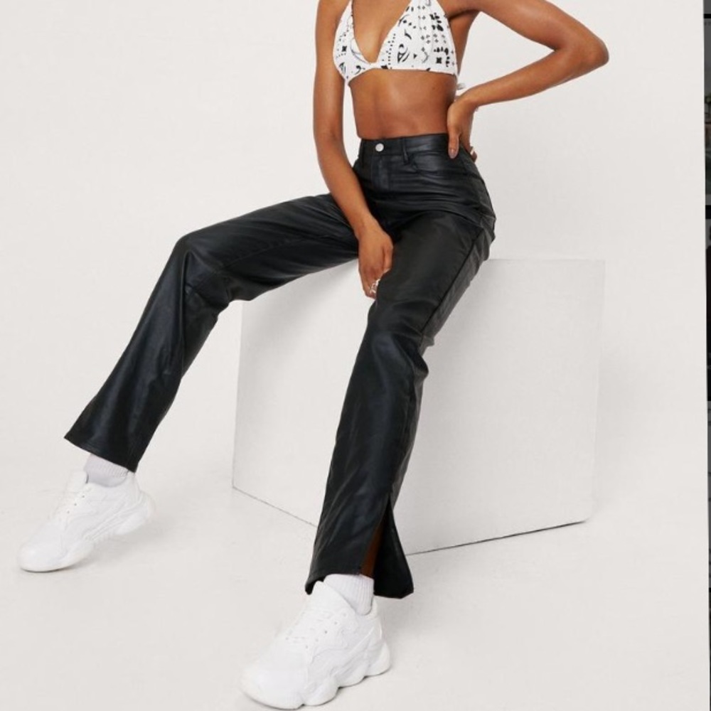 Faux Leather Slit Leg Pants